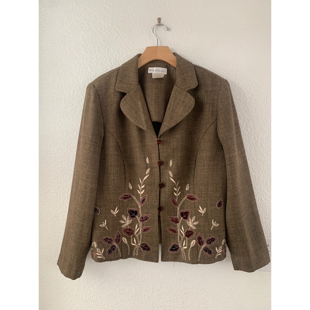 Womens Brown Floral Embroidered Blazer Jacket Velvet Leaf  14 cottage core